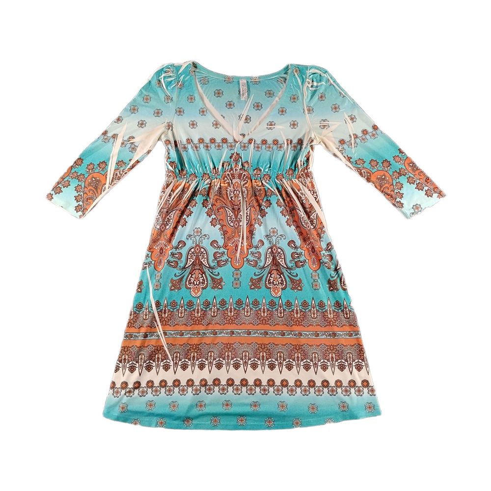 Ophelia Paisley Mini Dress S Boho Tunic Floral 3/4 Sleeve Stretchy USA Made